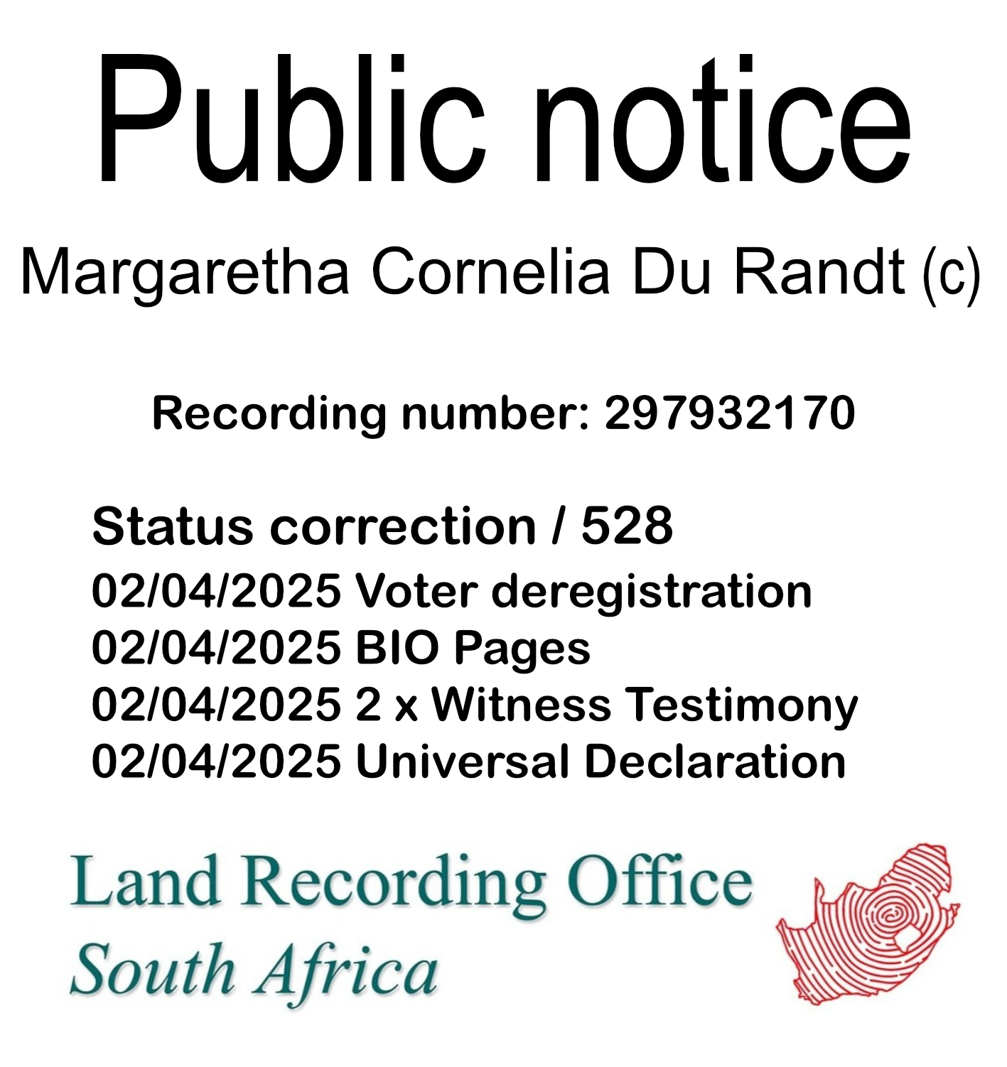 Public notice Margaretha Cornelia Du Randt Recording number 297932170